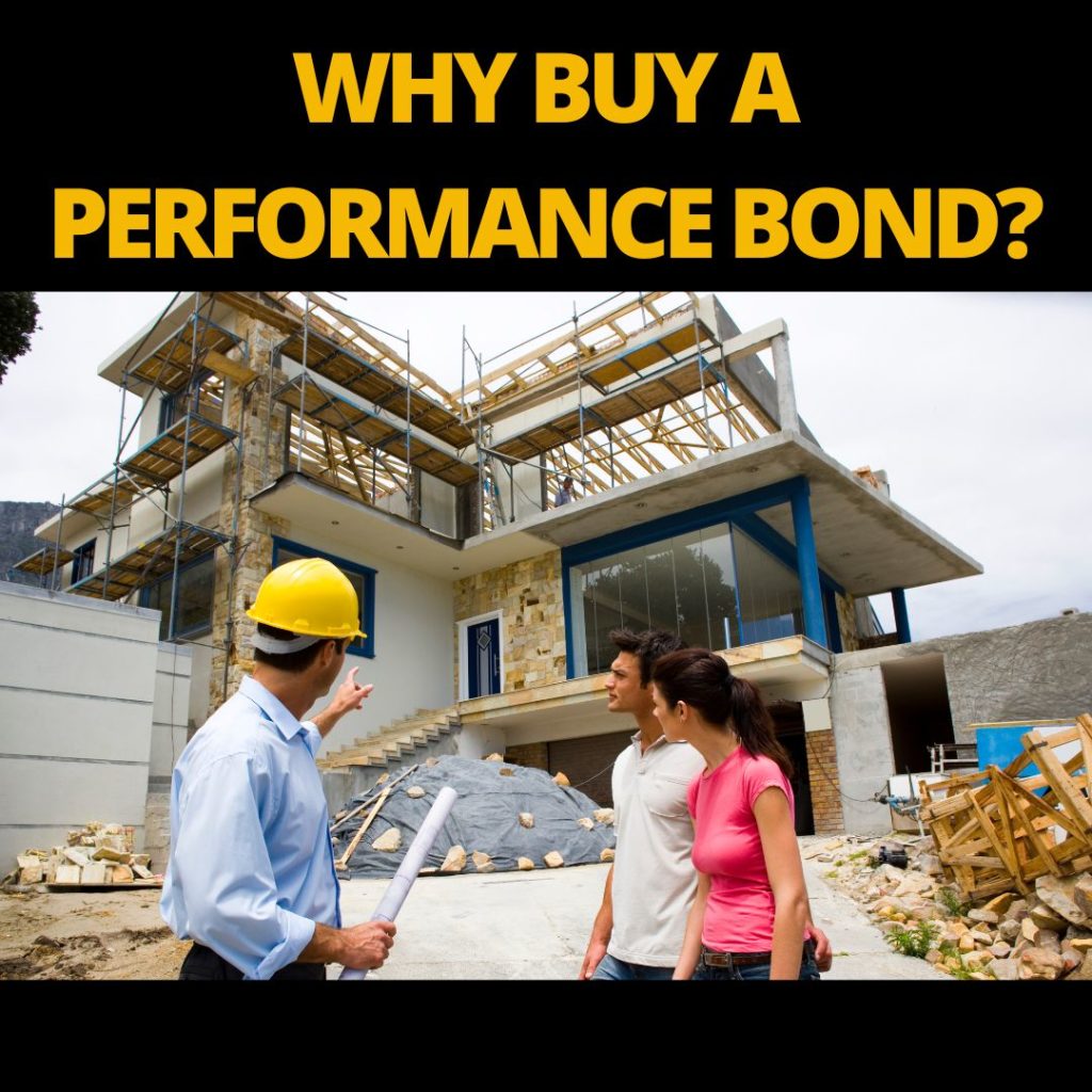 Why buy a Performance Bond? - A contractor holding a blueprint is pointing to a house being built. With him is the two couple, the owner of the house.